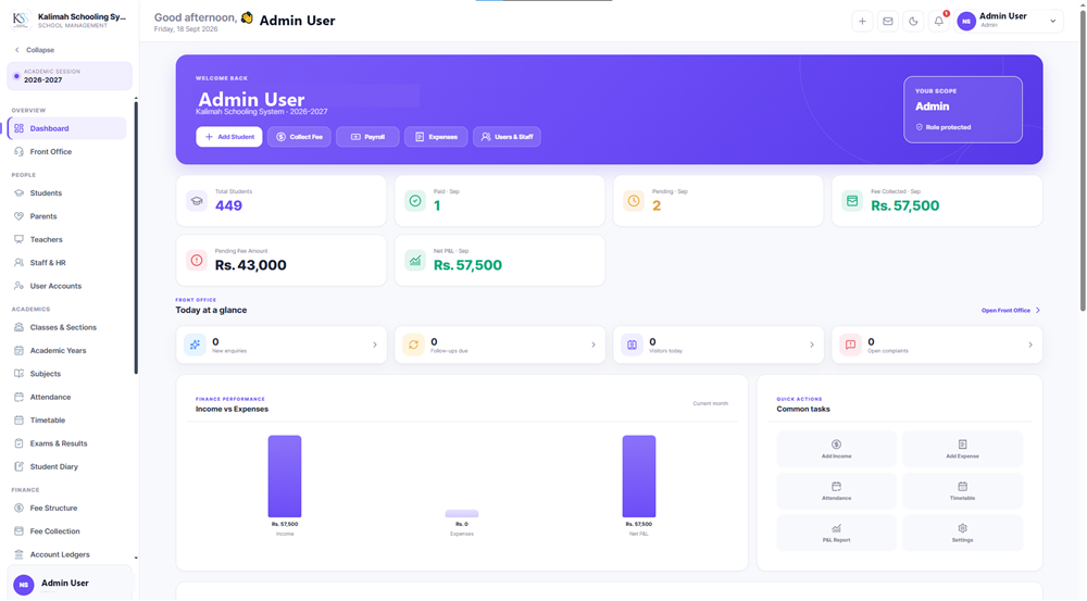 Ozzun school management dashboard on desktop